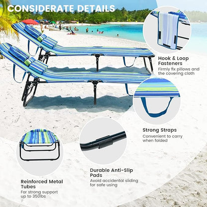 GYMAX Tanning Chair, 330lbs Beach Lounge Chair with Face Hole, Washable Pillow & Carry Strap, Adjustable Folding Chaise Lounge, Layout Chair for Outside, Patio, Poolside, Lawn (1, Stripe)