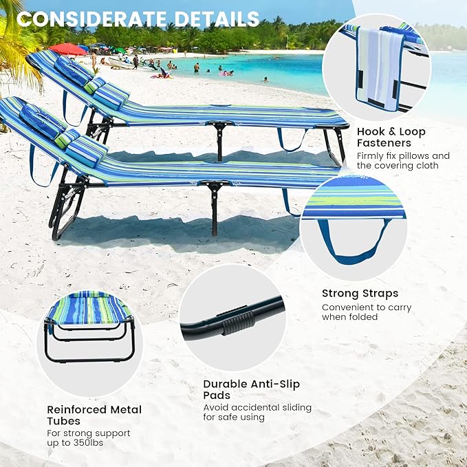 COSTWAY Tanning Chair with Face Hole, Pillows & 5-Position Adjustable Backrest, Portable with Carrying Bag, Folding Beach Chaise Lounge for Sunbathing, Seaside (Blue & Green)