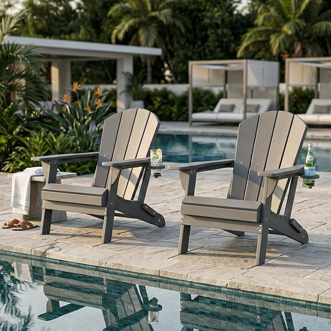 Kingdura Folding Adirondack Chairs Set of 2, Portable HDPE All Weather Resistant Outdoor Patio Chair, Wooden Textured with Cup Holder, 380LBS Capacity for Poolside, Backyard, Fire Pit (Grey)