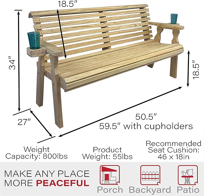 Amish Casual Heavy Duty Pressure Treated 4 Foot Outdoor Garden Bench with Cup Holders - Amish Crafted Roll Back Design in Unfinished, 700 Lb Weight Capacity