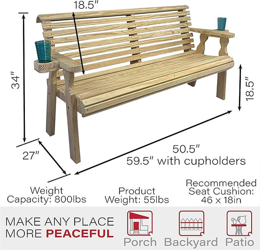 Amish Casual Heavy Duty Pressure Treated 4 Foot Outdoor Garden Bench with Cup Holders - Amish Crafted Roll Back Design in Unfinished, 700 Lb Weight Capacity