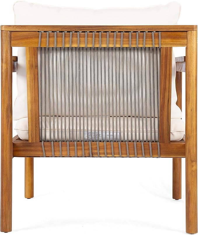 Christopher Knight Home Krixi Acacia Wood Lounge Chair Outdoor with Rope Accent, Accent Chair with Water-Repellent Cushions, Comfy Chairs for Garden/Backyard, Heavy Duty Patio Furniture, Teak + Cream