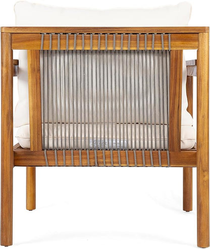 Christopher Knight Home Krixi Acacia Wood Lounge Chair Outdoor with Rope Accent, Accent Chair with Water-Repellent Cushions, Comfy Chairs for Garden/Backyard, Heavy Duty Patio Furniture, Teak + Cream