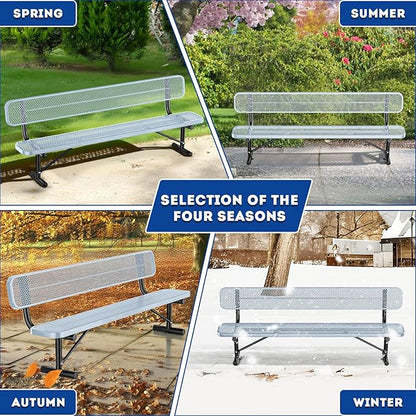 8Ft Heavy Duty Park Bench with Back Portable Frame, Outdoor Steel Bench with Backrest, Expanded Metal Mesh Bench for Lawn, Park, Deck, Garden, Patio, Porch, Grey