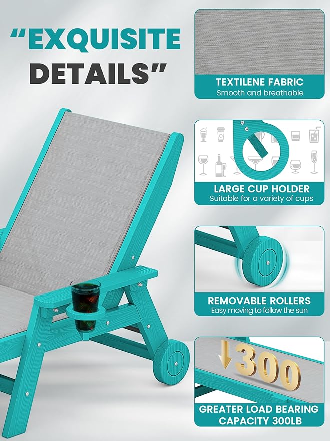 SERWALL Textilene Patio Chaise Lounge Chair Set of 2, 5 Positions Outdoor Lounger with Rolling Wheels for Pool, Deck, Aqua Blue