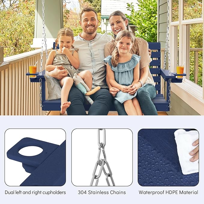 Plawdlik Porch Swings,2 Seat Patio Chair with Two Cup Holders,HDPE Waterproof Bench for Courtyard-Navy Blue - Photo 5