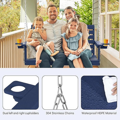 Plawdlik Porch Swings,2 Seat Patio Chair with Two Cup Holders,HDPE Waterproof Bench for Courtyard-Navy Blue
