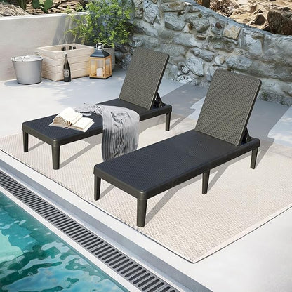Domi Pool Lounge Chairs Set of 2, Outdoor Lounge Chairs with 6 Positions Backrest Adjustable, Resin Waterproof Chaise Lounge Outdoor for Poolside Patio Garden Deck