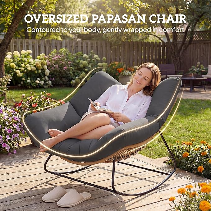Outsunny Papasan Rocking Chair, Wicker Oversized Indoor Outdoor Rocking Chair with Cushion, PE Rattan Padded Outdoor Rocker Egg Chairs for Living Room, Garden, Patio, Balcony, Dark Gray