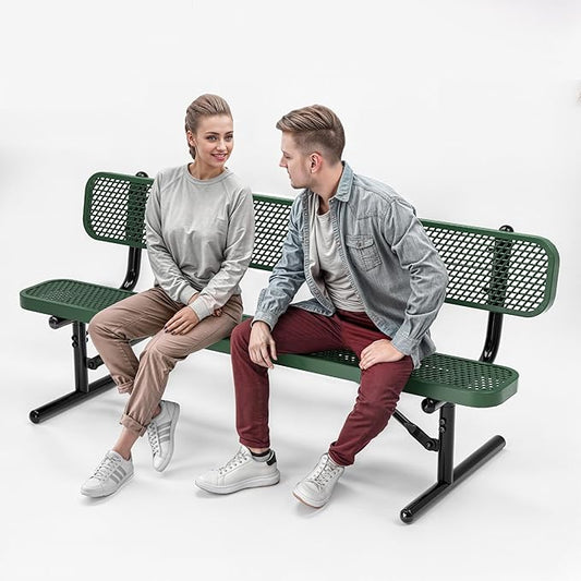 Heavy-Duty Outdoor Metal Bench, Thermoplastic-Coated, Portable, Weatherproof, Commercial-Grade for Parks, Gardens, Patios, Stores & More (6 Ft - Portable with Back, Green)