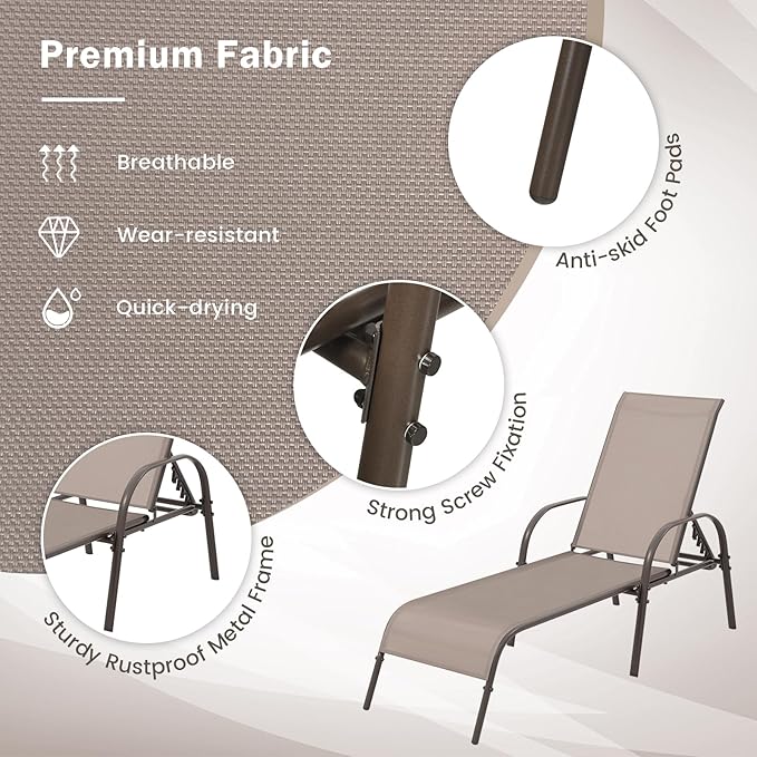 Giantex 2 Pack Patio Lounge Chair, Outdoor Chaise Lounge with 5 Adjustable Backrest, Sturdy Steel Frame - Photo 5