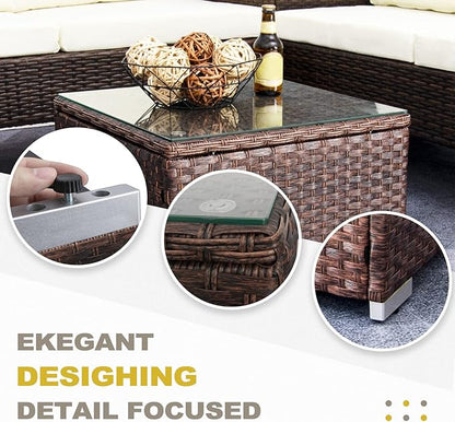 DIMAR GARDEN Outdoor Coffee Table Wicker Patio Side Table with Glass Top,19.7in Mixed Brown