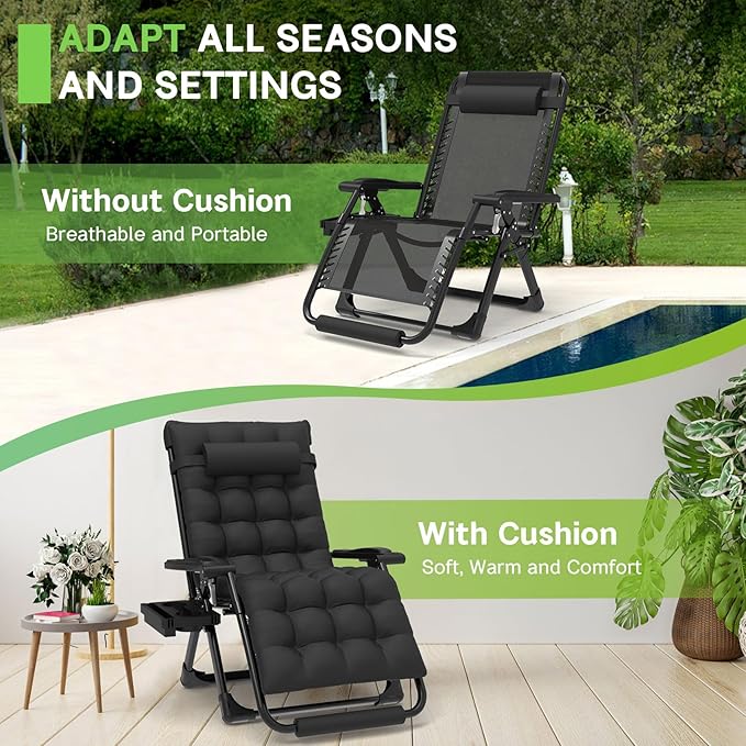 ZENPETIO 29In XL Zero Gravity Chair w/Cushion, Zero Gravity Recliner Lounge Chair for Indoor and Outdoor - Photo 5