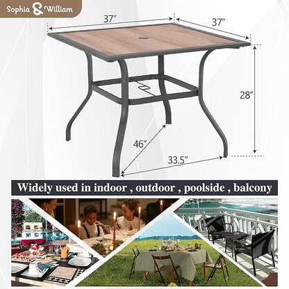 Sophia & William Square Patio Dining Table with 1.57" Umbrella Hole, Outdoor Table with Imitation Wood Tabletop and Brown Metal Steel Frame, for Lawn Garden Backyard, L37 X W37 X H28