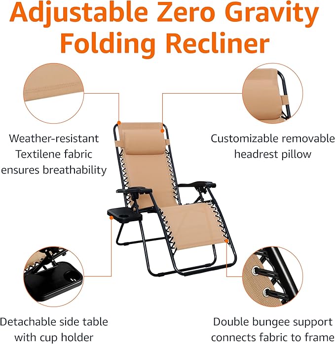 Amazon Basics Outdoor Textilene Adjustable Zero Gravity Folding Reclining Lounge Chair Set with Cup Holder, Side Table - Photo 5