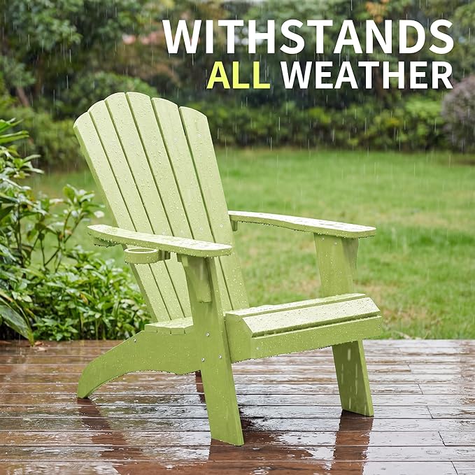 Psilvam Adirondack Chair, Oversized Poly Lumber Fire Pit Chair with Cup Holder, 350Lbs Support Patio Chairs for Garden, Weather Resistant Adirondack Chair Looks Like Real Wood (2, Green)