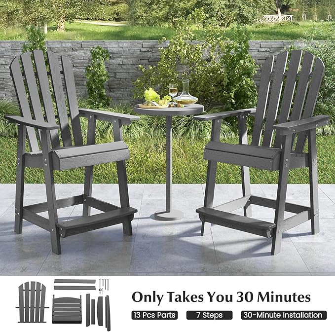 Tangkula Outdoor Bar Stool, HDPE Tall Adirondack Chair with Armrest & Footrest, Weather Resistant 47 Inch Counter Height Barstool Lifeguard Chair for Pool Deck Patio Garden, Balcony Chairs (2, Gray)