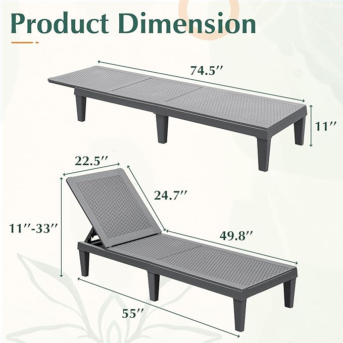 GUNJI Lounge Chairs for Outside Patio Waterproof Resin Chaise Lounge Outdoor Adjustable Lounge Chairs Set of 2 Pool Chairs Sun Loungers for Deck, Poolside and Beach (Gray)
