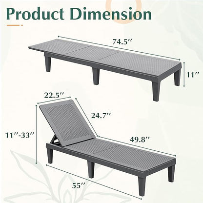 GUNJI Lounge Chairs for Outside Patio Waterproof Resin Chaise Lounge Outdoor Adjustable Lounge Chairs Set of 2 Pool Chairs Sun Loungers for Deck, Poolside and Beach (Gray)