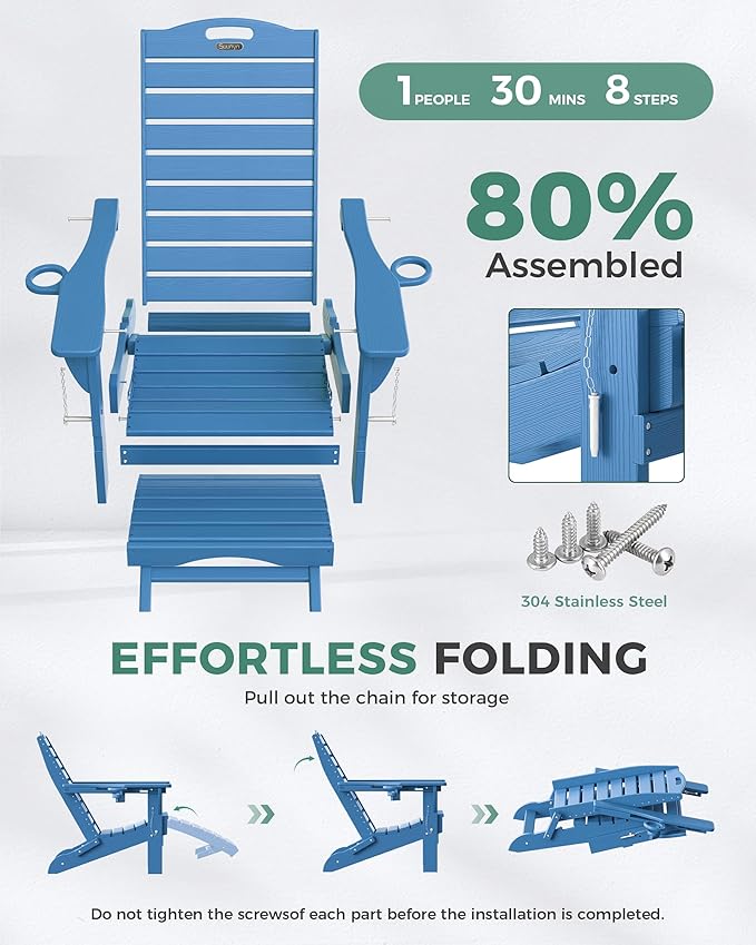 Folding Adirondack Chair with Retractable Ottoman Weather Resistant Fire Pit Chair Patio Chair with 2 Cup Holder Lawn Outdoor Lounge Chair (Navy Blue)