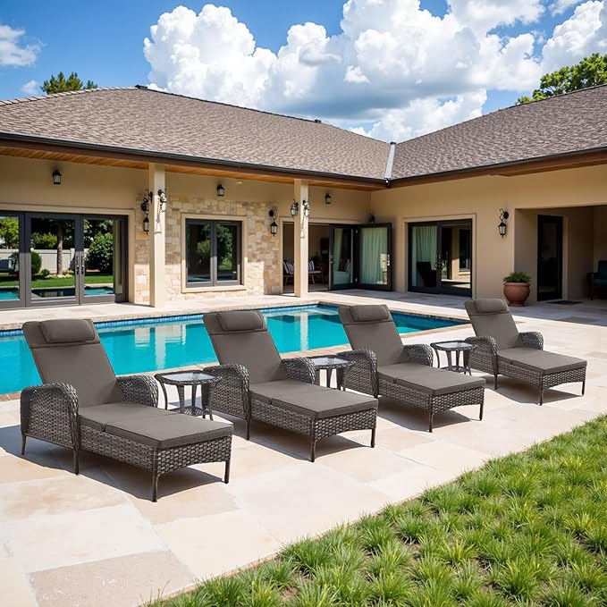 Belord 3 Piece Outdoor Chaise Lounge Patio Recliner - 75 Inch Adjustable Wicker Chaise Lounge with Soft Pillow Removable Cushions, All Weather Rattan Pool Lounge Chair Set 2 Poolside Deck Grey/Grey