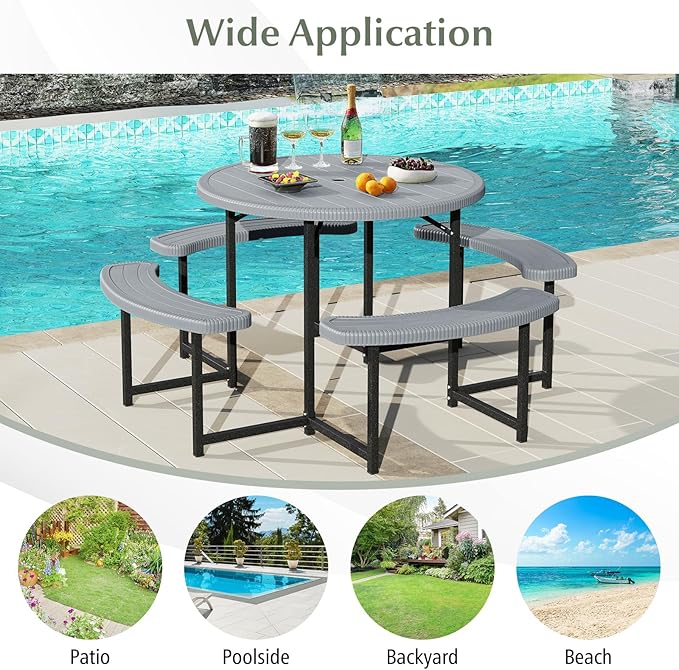 Giantex Picnic Table Bench Set for 4-8 Person, Round 37” Outdoor Dining Table w/Umbrella Hole, HDPE Tabletop - Photo 8