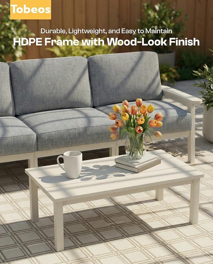 Patio Furniture Set, HDPE Outdoor Sofa Set with Gray Washable Cushions, Patio Conversation Sets for Lawn, Garden, Porch, Balcony & Deck, Durable Outdoor Sectional Furniture (White Frame)