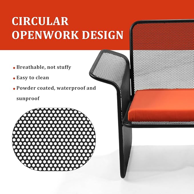 LOKKHAN Modern Outdoor Loveseat Mesh Bench Black Metal Frame with Orange Water-Resistant Cushion, 27.6H x 24.6W x 23.9D Inches, Contemporary Minimalist Patio Lounge Chair, Single Seat
