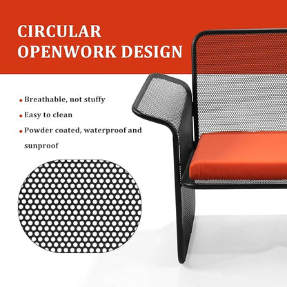 LOKKHAN Modern Outdoor Loveseat Mesh Bench Black Metal Frame with Orange Water-Resistant Cushion, 27.6H x 24.6W x 23.9D Inches, Contemporary Minimalist Patio Lounge Chair, Single Seat