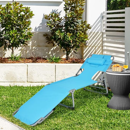 Goplus Tanning Chair with Face Hole, Foldable Adjustable Beach Chaise Lounger w/Arm Hole, Removable Pillow and Side Pocket, Portable Outdoor Patio Lounge Chair for Pool Camping