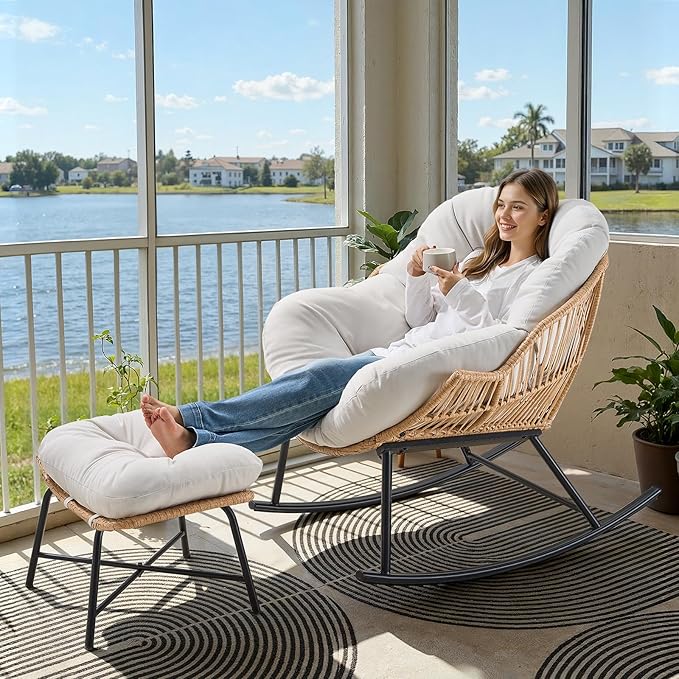 ONBRILL Papasan Rocking Chair with Ottoman,Oversized Papasan Chair with Padded Cushion, Indoor & Outdoor Rocker Chair for Living Room, Patio, Garden, Cream White