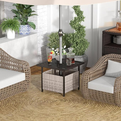 Giantex Outdoor Side Table with Umbrella Hole, 22" Wicker Umbrella Table with Stand and Base, Weather-Resistant PE Rattan Patio End Table for Deck Garden Poolside (Metal Tabletop, Light Gray)