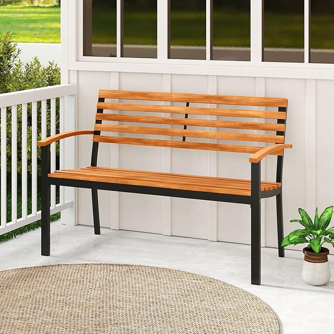 Giantex Outdoor Bench, Acacia Wood Patio Loveseat with Slatted Backrest & Seat, Armrests, Heavy Duty Metal Frame, 800 lbs Capacity, 2-Person Garden Bench for Lawn, Porch, Yard and Park