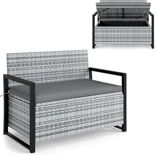 RELAX4LIFE Wicker Outdoor Bench with Storage - Rattan Deck Box w/Protective Liner for Pillows, Pool Supplies, Garden Tools, Patio Loveseat with Seat Cushion & Metal Armrests for Backyard Porch Balcony