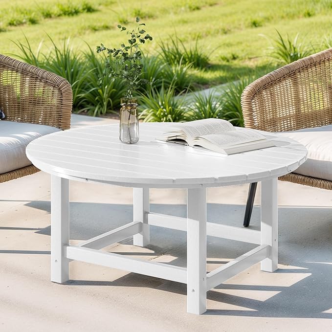 Costaelm Patio Conversation Table, Tatio Accent Tables, HDPE Outdoor Weather Resistant, Round Outdoor Porch Balcony Patio Drink Table for Outside, Pool, Backyard, White