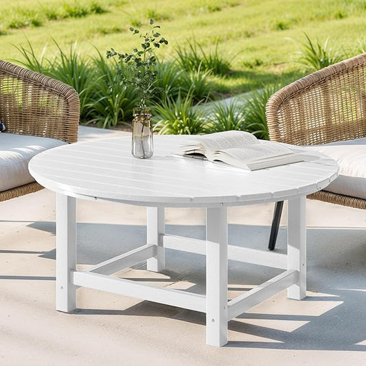 Costaelm Patio Conversation Table, Tatio Accent Tables, HDPE Outdoor Weather Resistant, Round Outdoor Porch Balcony Patio Drink Table for Outside, Pool, Backyard, White