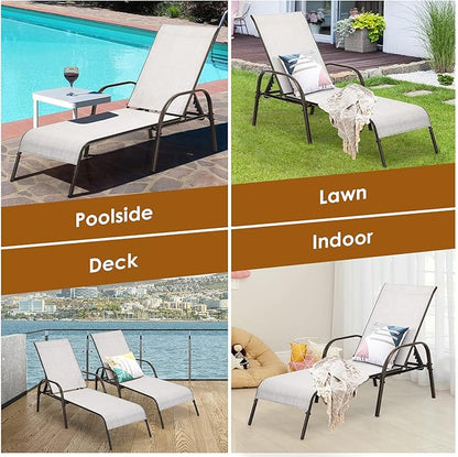 Tangkula Outdoor Lounge Chairs Set of 2, Patio Chaise Lounge with Adjustable Backrest, Reclining Pool Lounge Chairs for Outside with Heavy Duty Steel Frame, Suitable for Beach, Yard, Balcony, Poolside