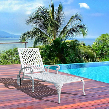 KEIKI Chaise Lounge Chair Outdoor, Aluminium Cast Patio Chaise Lounge with Adjustable Backrest and Moveable Wheels, Outside Tanning Chair, White (Side Table Not Included)