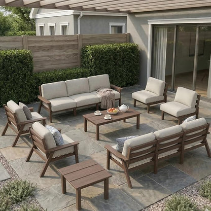 HDPE Patio Furniture Set 10 Seats, Outdoor Couch with Washable Thick Beige Cushions & Coffee Table & Side Table, Outdoor Sectional Furniture for Backyard, Deck, Lawn, Porch (Black Frame)