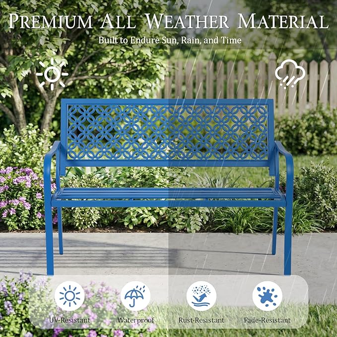 ONBRILL 50" Outdoor Bench, Garden Benches with Galvanized Metal Frame, Front Porch Bench with Floral Backrest - Photo 7