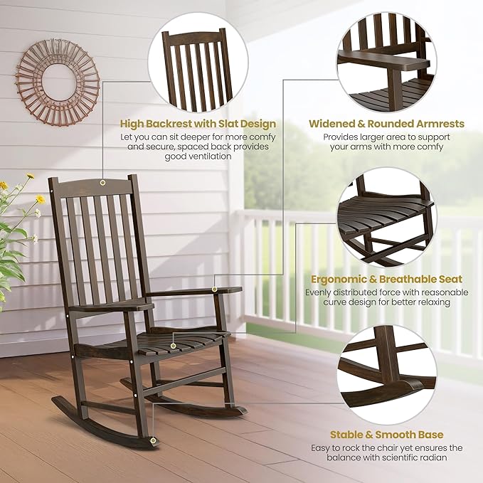 SUPER DEAL Outdoor Rocking Chair, All Weather Resistant Outdoor Indoor Wood Porch Patio Rocker Chair,Natural