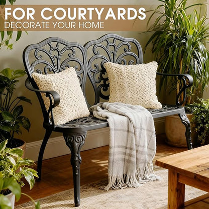 Outdoor Bench, Cast Aluminum Double Seating with Backrest and Armrests, Mental Outdoor Furniture for Patio, Porch, Garden, Park, Black Butterfly