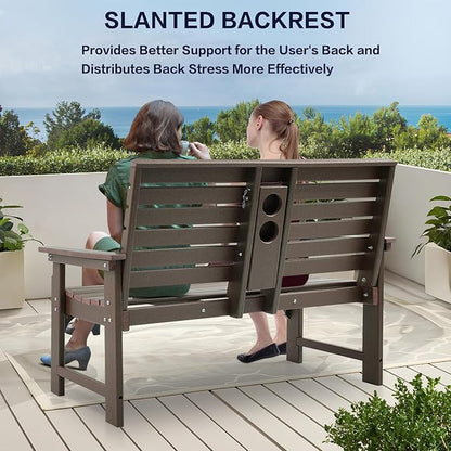 Outdoor Bench Weatherproof - HDPE 2-Person Garden Bench with Cup Holders, Bench Furniture with Backrest and Armrests, 700 lbs Capacity, Patio Park Bench for Front Porch Backyard Park (Brown)