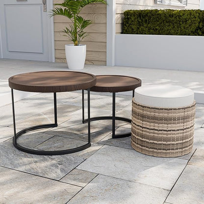 EAGLE PEAK Sunset Dune Collection Round Modern Nesting Coffee Tables, Wood Grain Top Stacking Accent Tables, Matching Ottoman, Indoor Outdoor, Set of 3, Brown