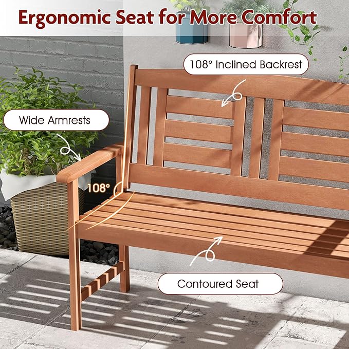 Byroce 2-Person Outdoor Bench, Solid Wood Patio Loveseat with Comfy Backrest & Armrest, Heavy Duty Garden Bench for Outdoors Backyard, Park, Balcony & Front Porch, Teak Oil Rubbed (Vertical Slat)