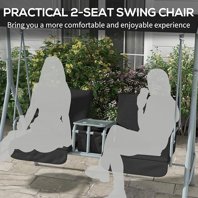 Outsunny 2 Person Porch Swing with Stand, Outdoor Swing with Canopy, Pivot Storage Table, 2 Cup Holders, Cushions for Patio, Backyard, Black