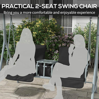Outsunny 2 Person Porch Swing with Stand, Outdoor Swing with Canopy, Pivot Storage Table, 2 Cup Holders, Cushions for Patio, Backyard, Black