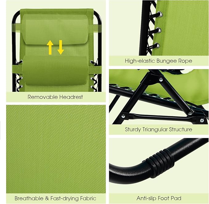 Goplus Zero Gravity Lounge Chairs, 160°Adjustable Folding Recliner w/Pillow and Cup Holder, 350LBS Comfy Outdoor Lounge Chairs for Patio, Lawn, Yard & Camp(1, Green)
