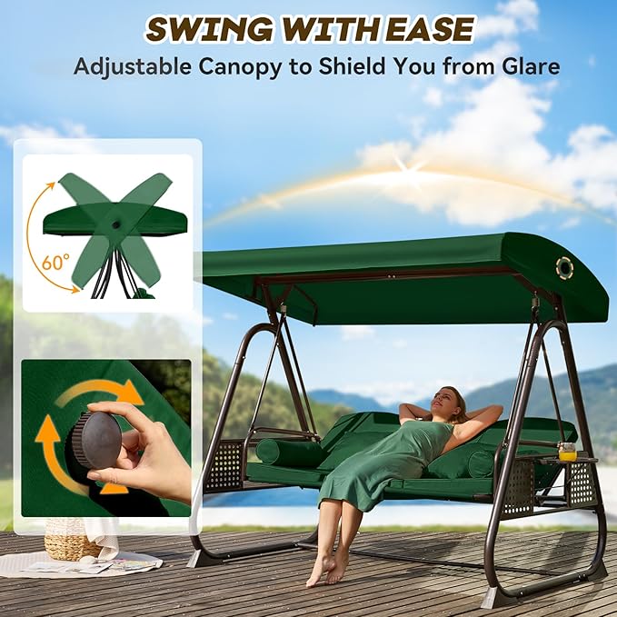3 in 1 Outdoor Porch Swing with Adjustable Canopy, 3 Seat Outdoor Swing for Adults - Photo 4