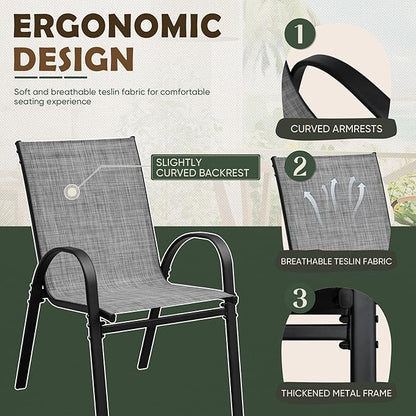 Flamaker Patio Chairs Stackable Dining Chairs Set of 4 Metal and Teslin Outdoor Chairs for Lawn Deck Balcony Porch (Grey)